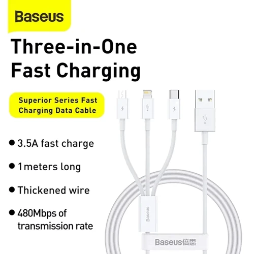 Кабель Baseus USB Cable to Micro USB/Lightning/Type-C Superior Series Fast Charging Data 3.5A 1m White (P10320105221-00): Длина 1 м