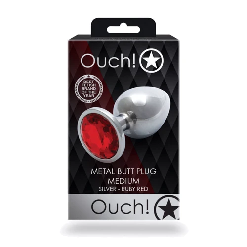 Металлическая анальная пробка Ouch! Heart Gem Silver - Ruby Red, М