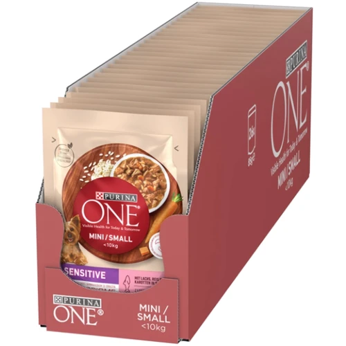 Влажный корм Purina One Mini Sensetive для взрослых собак мелких пород с чувствительным пищеварением с лососем, рисом и морковью 26х85 г (8445290332530): Свойства Забота о пищеварении, Основное питание, Для активных собак