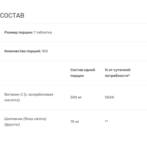 Solgar Vitamin C with Rose Hips Вітамін С із шипшиною 500 мг 100 таблеток: Тип Витамин C