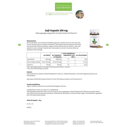 Sanct Bernhard Goji Ягоды Годжи 500 mg 90 капсул: Форма выпуска Капсулы