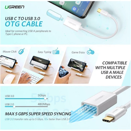 Адаптер Ugreen Adapter US154 USB-C to USB3.0 White (30702): Колір белый