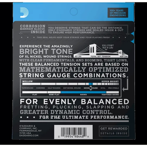 Струна для гітар Набір струн D'addario EXL170BT XL Nickel Wound Balanced Tension Regular Light (45-107): Призначення Для бас-гитары