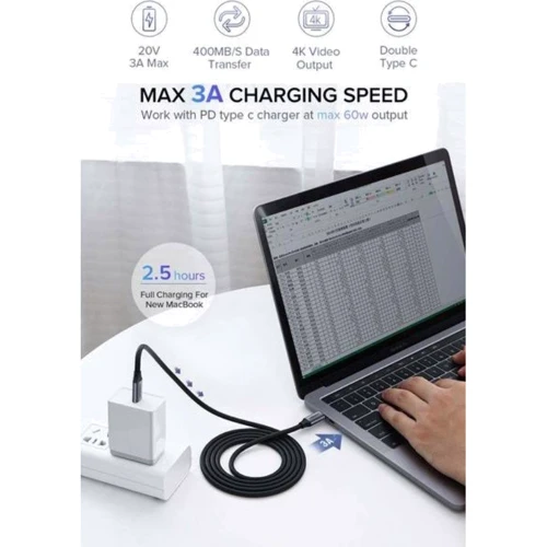 Кабель Ugreen USB-C to USB-C 60W 3A Gen1 5Gbps 1.5m Grey (50751): Довжина 1.5 м