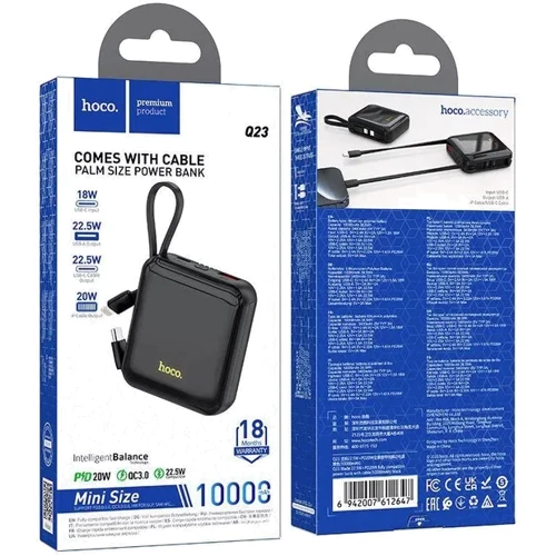 Внешний аккумулятор Hoco Power Bank 10000mAh Q23 Blade with Cable PD 20W/22.5W Black: Тип батареи Литий-полимерные