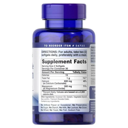 Puritan's Pride Absorbable Calcium 600 mg plus Magnesium 300 mg Кальцій Плюс Магній 60 гелевих капсул: Тип Магній + Кальцій