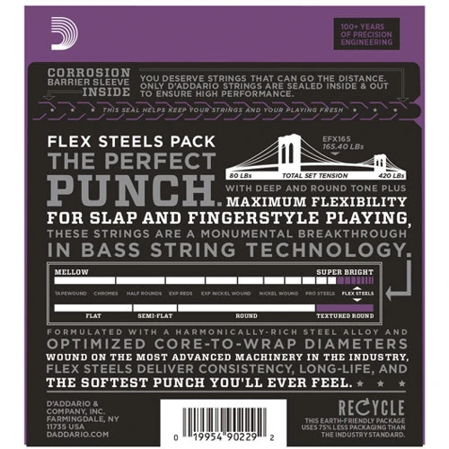 Струна для гитар Струны D`ADDARIO EFX165 XL FLEX STEELS REG LIGHT TOP / MED BOTTOM 45-105: Назначение Для бас-гитары