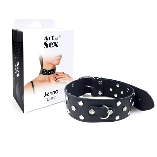Ошейник из натуральной кожи с заклепками и стразами Art of Sex - Jenna Collar, черный