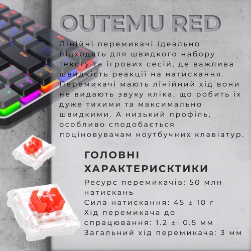Клавіатура GamePro MK122R Red Switch Low Profile Dark Gray: Тип клавіш механический