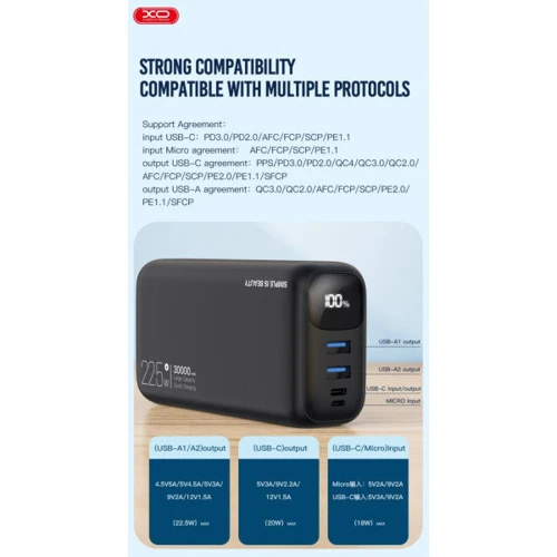 Внешний аккумулятор XO Power Bank 30000mAh PR200 22.5W Black