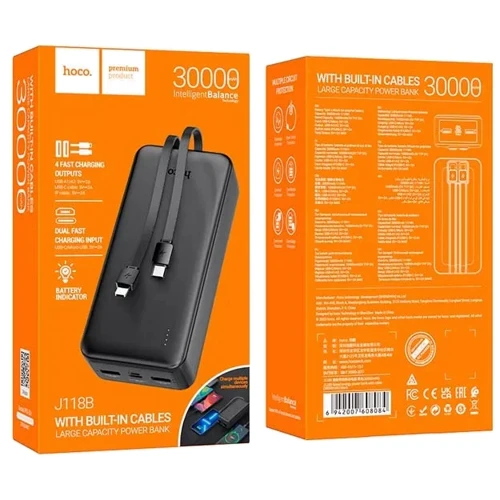 Зовнішній акумулятор Hoco Power Bank 30000mAh J118B with Cable Black: Ємність батареї, мАг 30000