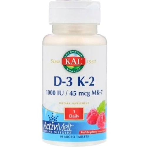 KAL Vitamin D-3, K-2 Red Raspberry flavour Витамин D 3 и K 2 со вкусом малины 60 мини-таблеток