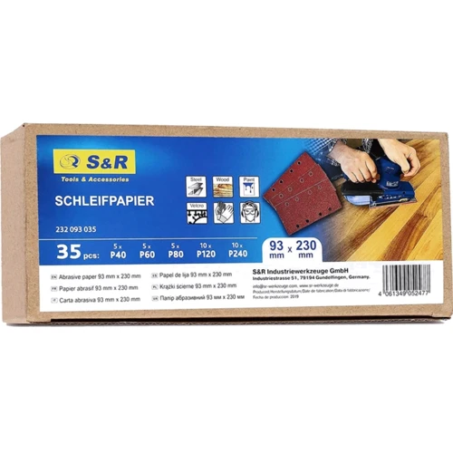 Бумага шлифовальная S&R P40/60/80/120/240 на Velcro основе 93х230 мм 35 шт (232093035)