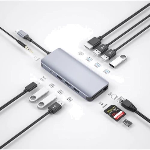 Адаптер WIWU Adapter A12 Alpha 12 in 1 USB-C to 3xUSB 3.0+3xUSB 2.0+USB-C+SD+HDMI+RJ45+3.5 Grey: Додаткові роз'єми Ethernet, HDMI, SD+TF Card, USB-C, USB OTG