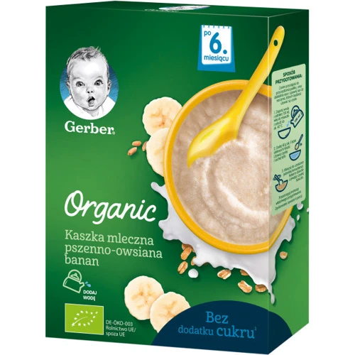 Каша GERBER сухая молочная Organic пшенично-овсяная с бананом для детей с 6 месяцев, 240г (7613036531498)