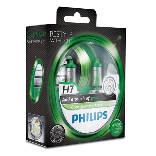 Лампа галогенна Philips H7 ColorVision Green, 3350K, 2шт / блістер 12972CVPGS2