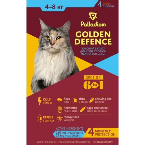Краплі на холку Palladium Golden Defence від паразитів для кішок вагою від 4 до 8 кг, 1 мл (4820150200640): Тип краплі