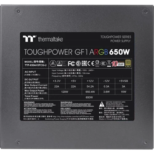 Блок питания Thermaltake Toughpower GF1 ARGB 650W (PS-TPD-0650F3FAGE-1): КПД, % 92