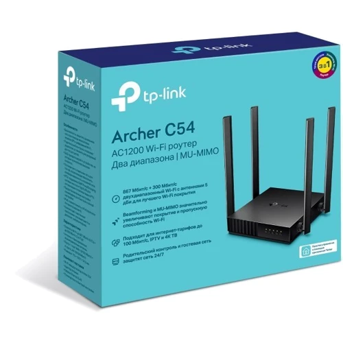 Маршрутизатор Wi-Fi TP-Link ARCHER C54 AC1200: Інтерфейс підключення (LAN-порт) 4x10/100 Ethernet