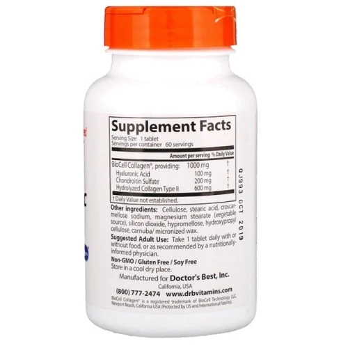 Doctor's Best Best Hyaluronic Acid with Chondroitin Sulfate Гиалуроновая кислота с сульфатом хондроитина и коллагеном 60 таблеток: Тип Гиалуроновая кислота
