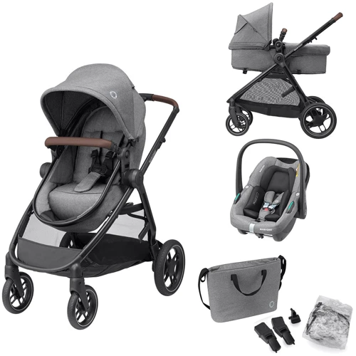 Коляска MAXI-COSI ZELIA S TRIO Grey (Black Frame/Brown Leather + CabrioFix S i-Size + сумка) (1996911110)
