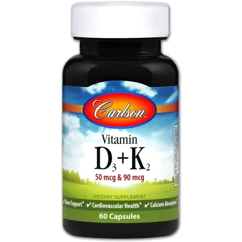 Carlson Labs Vitamin D3 + K2, 50 mcg + 90 mcg, 60 Capsules (CAR-10610)