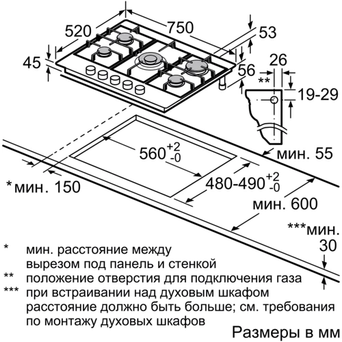 Варочная поверхность газовая Siemens EC7A5RB90: Расположение панели спереди