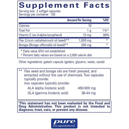 Pure Encapsulations Flax/Borage Oil 250 caps Льняное масло и масло огуречника (PE-00110): Тип Льняное масло