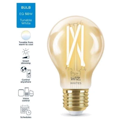Умная лампочка WiZ, E27, 7W, 50W, 640Lm, A60, 2000-5000К, Wi-Fi: Особенности Регулируемая цветовая температура, Голосовое управление, Диммируемая, Декоративная, Филаментная