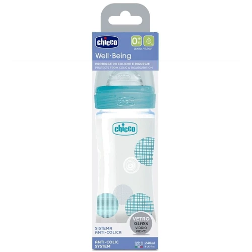 Бутылочка стеклянная Chicco Well-being Physio Colors с силиконовой соской 0м+ 240 мл Голубая (28721.20): Тип бутылочка для кормления