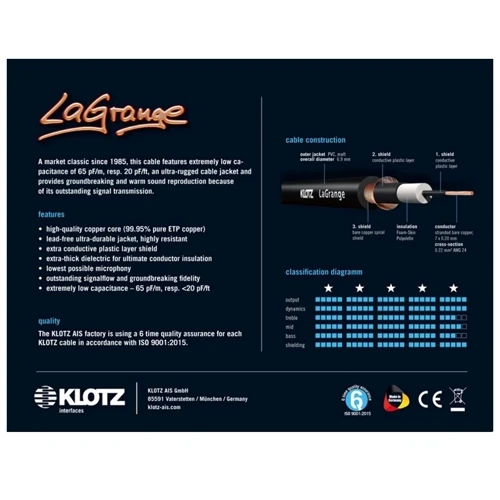 Кабель инструментальный Klotz La Grange Instrument Cable Angled Black 3 м