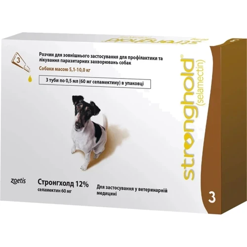 Капли Zoetis Стронгхолд 12% для собак от блох и клещей 5-10 кг 0.5 мл х 3 пипетки (10008309)