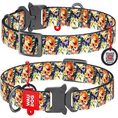 Ошейник WAUDOG Nylon с QR-паспортом, рисунок "Гламурные черепа", металлическая пряжка-фастекс 25 мм 31-49 см разноцветный (5164)