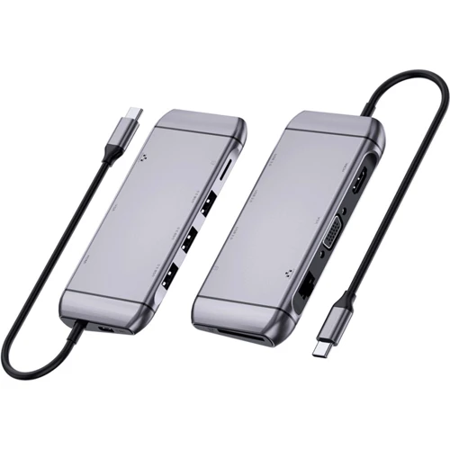 Адаптер REAL-EL Adapter USB-C to HDMI + USB-C + VGA + 3xUSB + RJ45 Space Grey (EL123110003): Додаткові роз'єми USB OTG, VGA, Ethernet, HDMI, USB-C