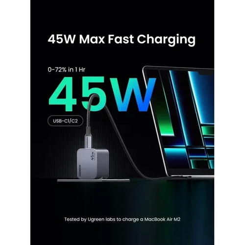 Зарядний пристрій Ugreen Wall Charger X707 USB-C+USB-C GaN 45W Space Gray (35008): Сила струму 2.4А и более