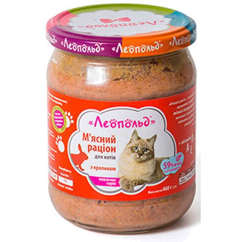 

Влажный корм для кошек Леопольд Мясной рацион с кроликом 460 г х 6 шт. (4820185490795-6)