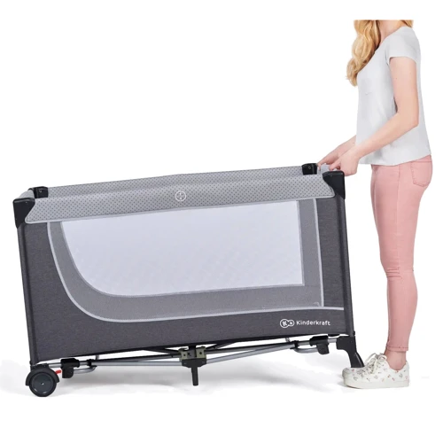 Ліжко-манеж з пеленатором Kinderkraft Leody Grey (KCLEOD00GRY00AC): Стінка, що опускається є