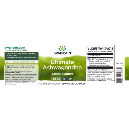 Бустер тестостерона Swanson Ultimate Ashwagandha 250 mg Ашвагандха экстракт корня 60 веганских капсул