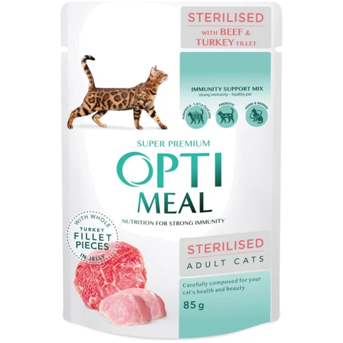 Влажный корм Optimeal Adult cats для стерилизованных кошек с говядиной и индюшиным филе в желе 12х85 г (4820215365901)