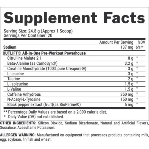 Предтренировочный комплекс Nutrex Outlift 500g / 20 servings / Blackberry Lemonade: Тип Комплекс до тренировки