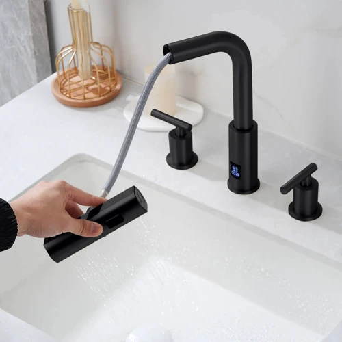 Смеситель для раковины Lefton Two-Handle Widespread Waterfall & Pull-Out Bathroom Faucet with Temperature Display-BFWS2401 Matt Black: Вид смесителя Двухвентильный