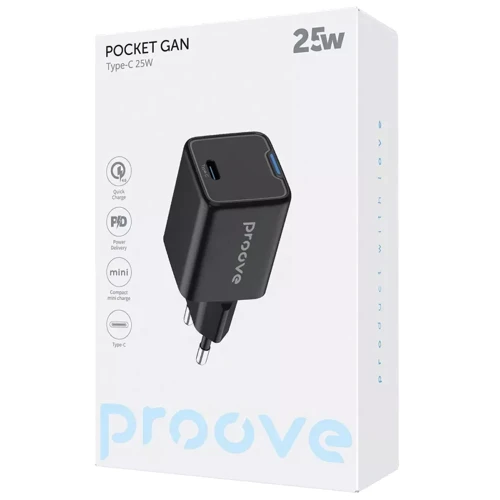 Зарядное устройство Proove Wall Charger USB-C Pocket GaN 25W Black (WCPG25010201): Кабель в комплекте отсутствует