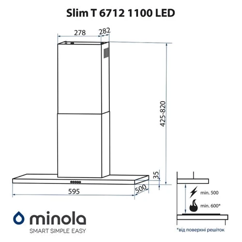 Вытяжка Minola Slim T 6712 I 1100 LED: Тип монтажа Настенный