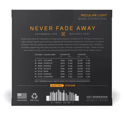 Струна для гитар Комплект струн D'addario XTE1059 XT Electric Nickel Plated Steel 7-String Regular Light (10-59): В комплекте Набор из 7 струн