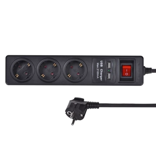 Сетевой фильтр 2E 3xSchuko з вимикачем, 2хUSB, 1.8м (2E-U03ESUM1.8): Количество розеток, шт 3