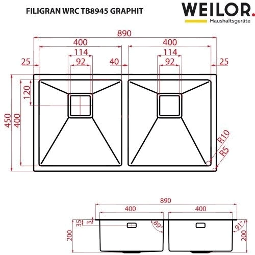 Weilor FILIGRAN WRC TB8945 GRAPHIT: Отверстие под смеситель Нет
