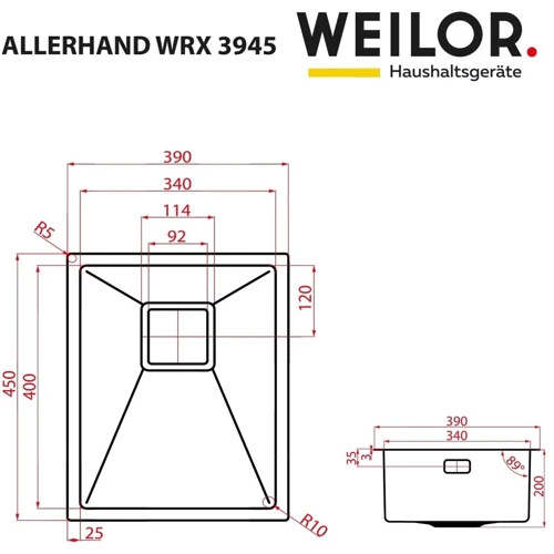 Weilor ALLERHAND WRX 3945: Габариты чаши (ШxГxВ), см 34/40/20