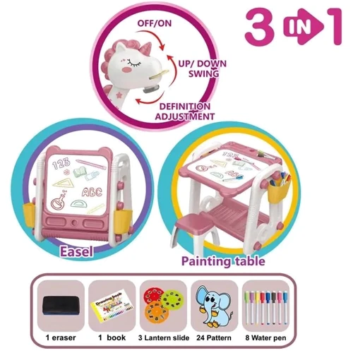 Столик для творчества с проектором 3в1: стульчик, звук, маркеры, губка, диски, розовый (YM 58)