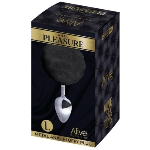 Металлическая анальная пробка Кроличий хвостик Alive Fluffly Plug L Black