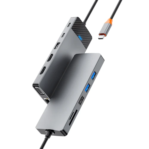 Адаптер WIWU Adapter Linker A12HV 12in1 USB-C to USB-C+2xUSB2.0+2xUSB3.0+SD/MicroSD+VGA+2xHDMI+RJ45+PD Grey: Дополнительные разъемы VGA, USB OTG, SD+TF Card, Ethernet, HDMI, USB-C